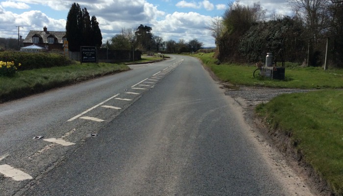 Drive past the milk churn and the left turn to Kinnersley Church